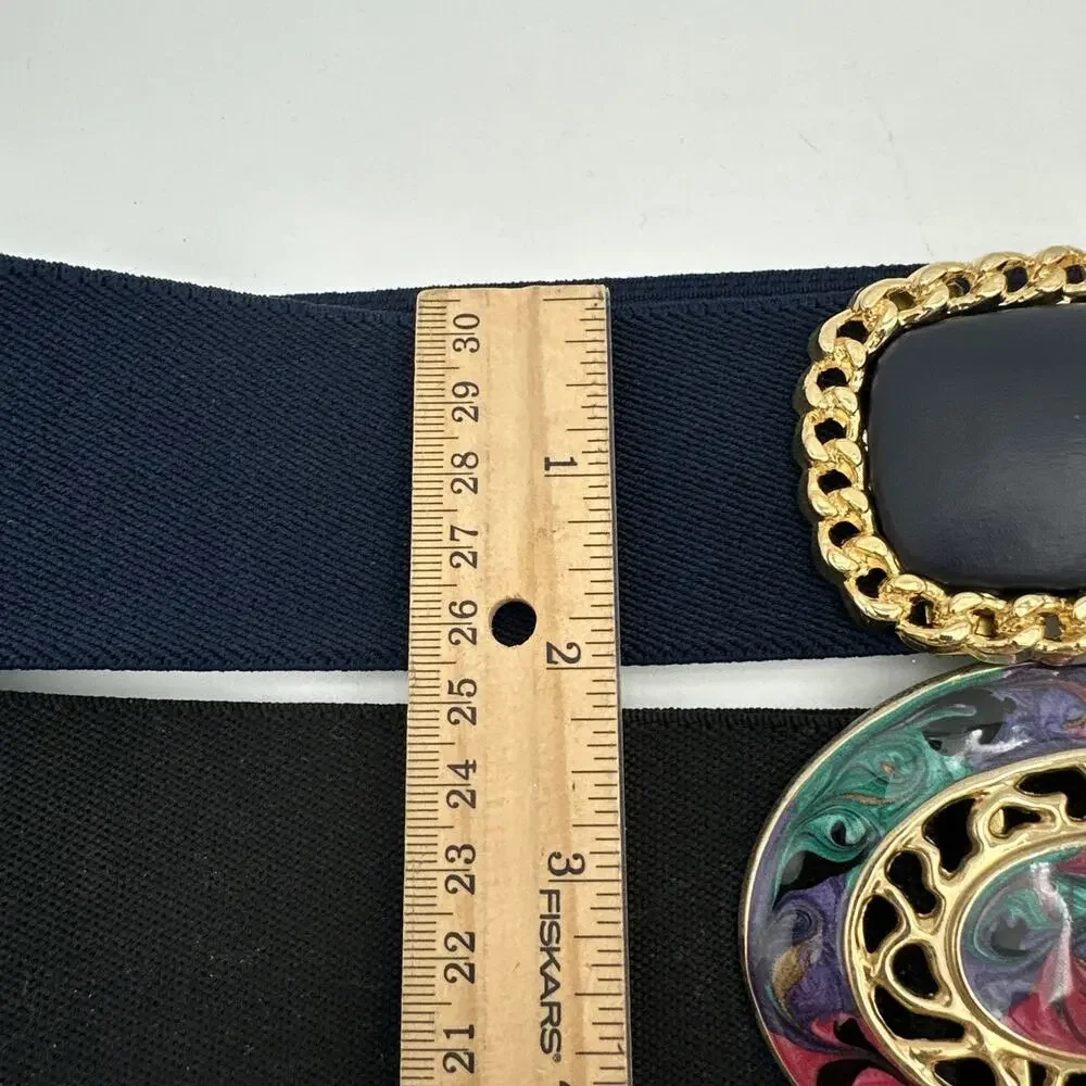 Set Of 3 Vintage 80s Lacquered Gold Tone Buckle Elastic Stretch Belts